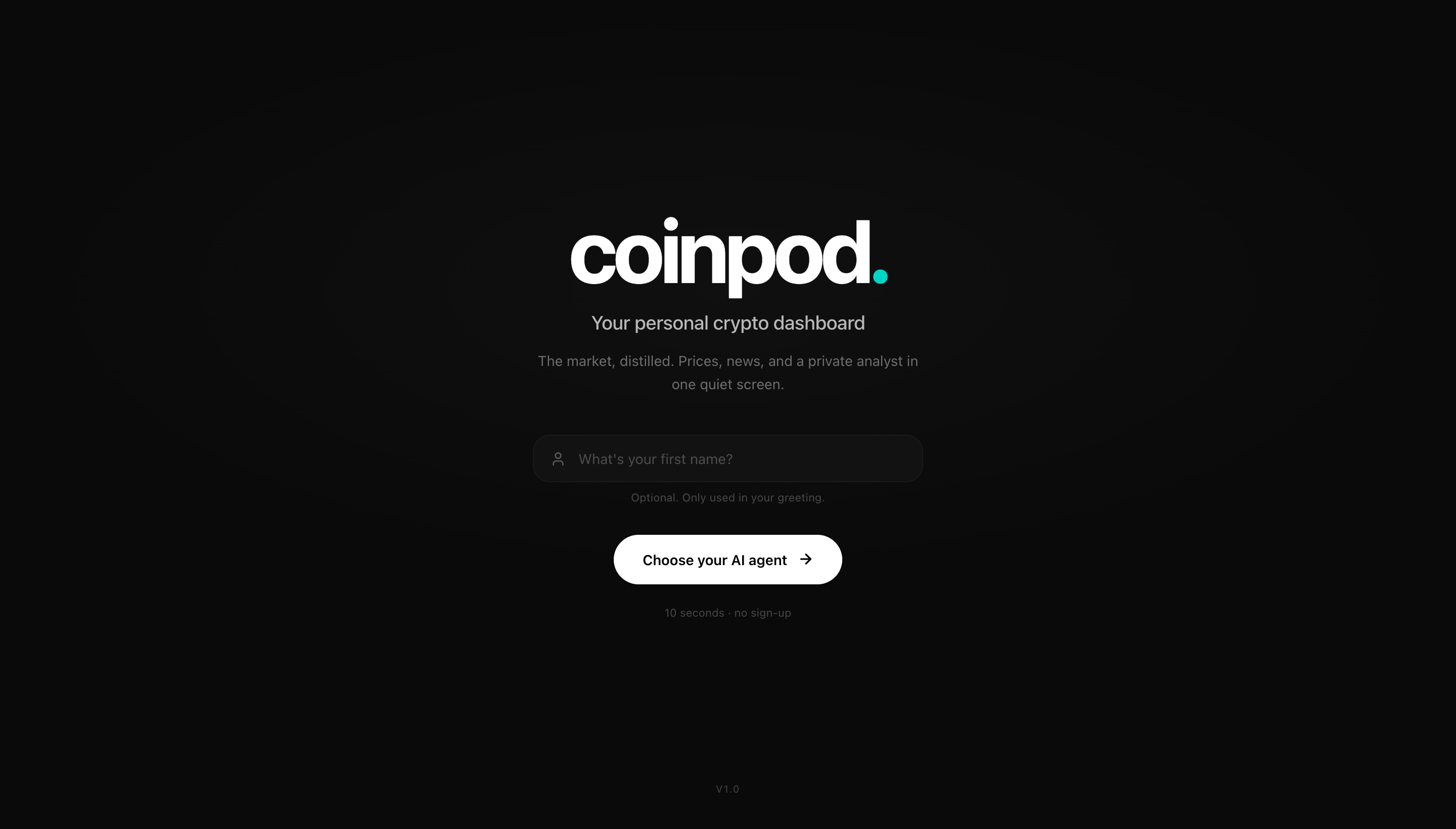 coinpod.io, onboarding screen, dark interface