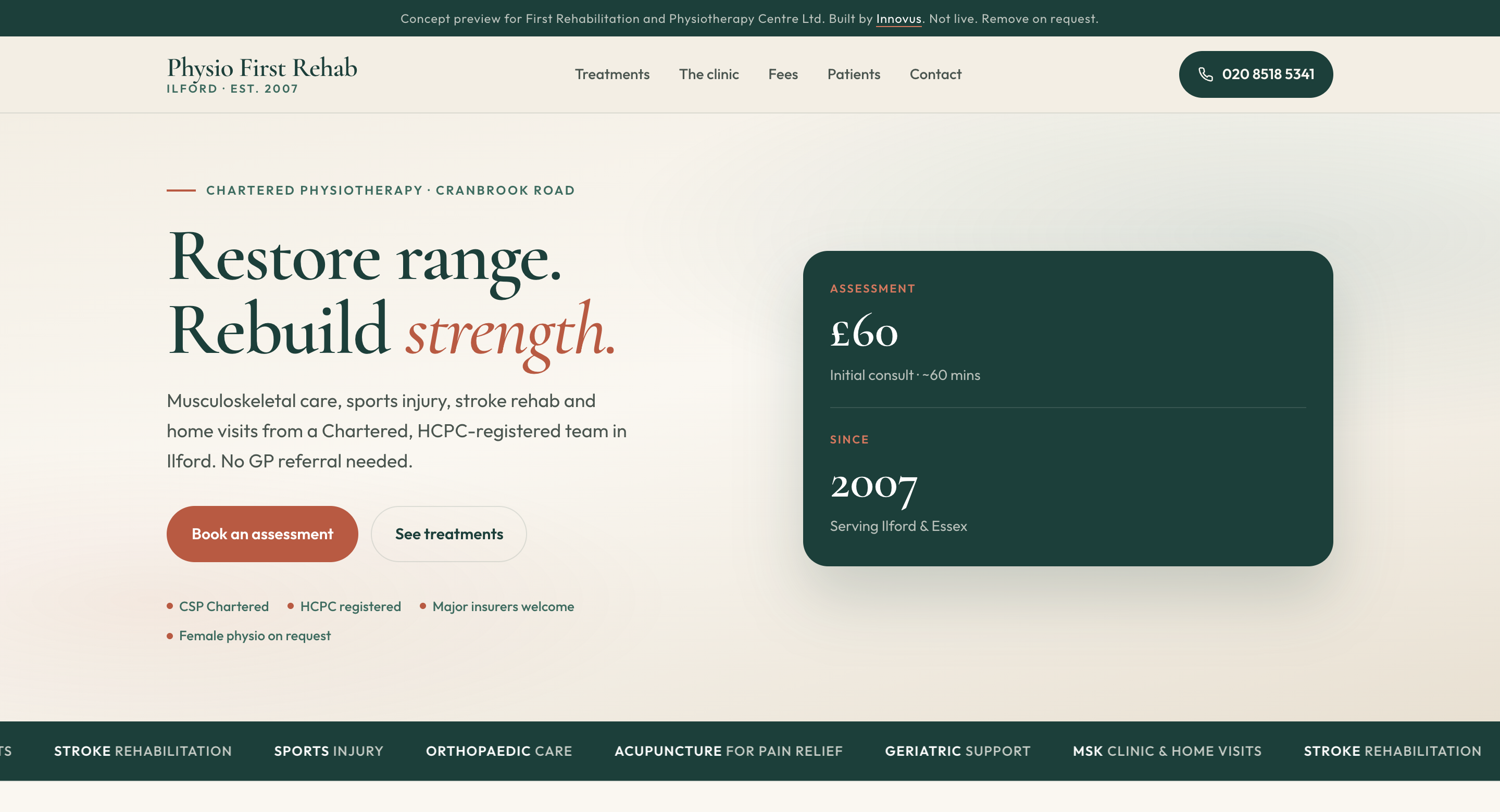 Physio First concept, desktop hero with calm green palette and pricing card