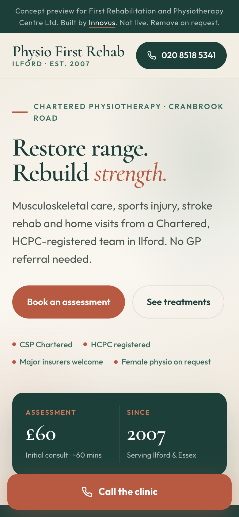 Physio First concept, mobile view